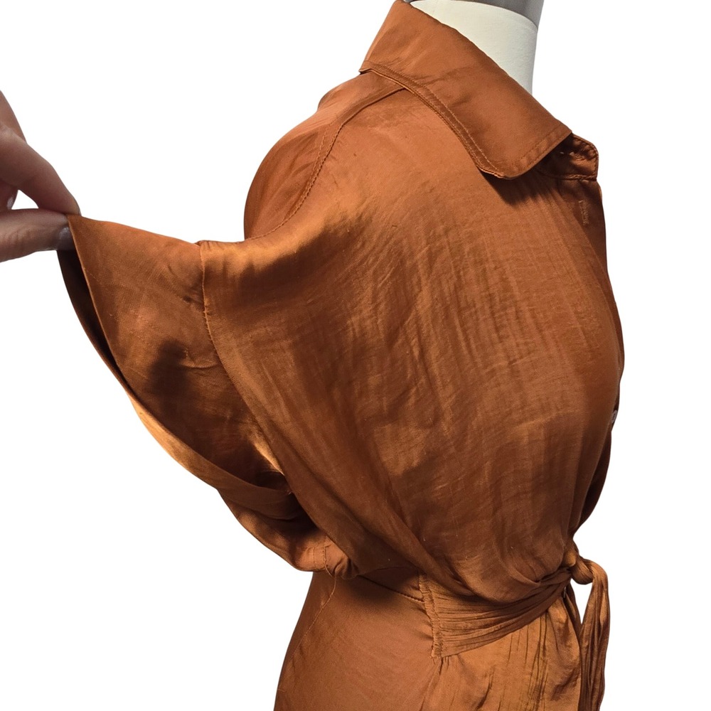 Steve Madden Women's Satin Draped Midi Shirt Dress Bronze Button Tie Waist Sz 6 - Picture 10 of 12